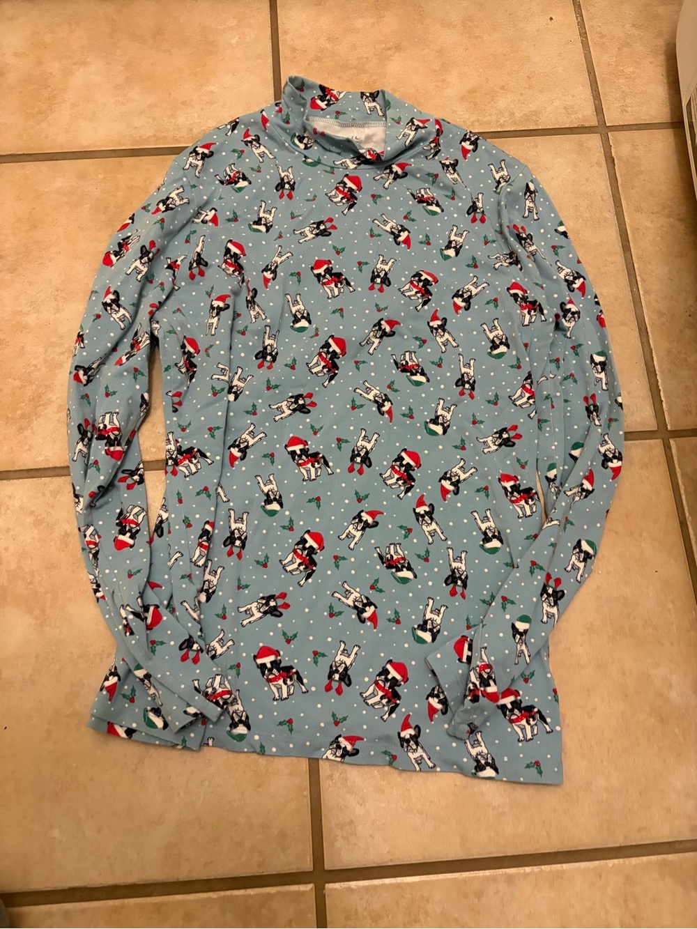 Womens Long-Sleeve Christmas Boston terrier frenchie Top - Light Blue